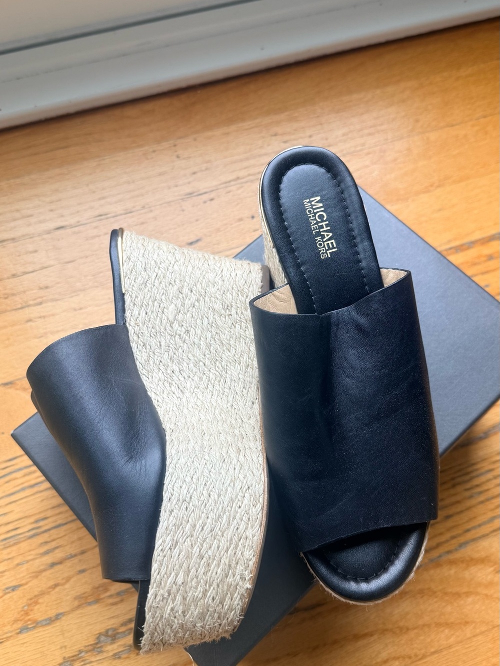 MICHAEL Michael Kors Black Leather Espadrille Wedge Slides